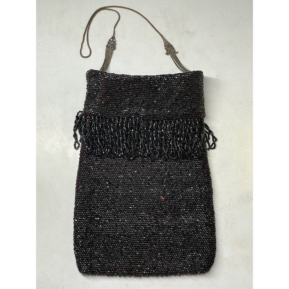 Antique Vintage 20th C.  Dark Black Red Beaded Flapper Art Deco Glass Purse Bag - Picture 6 of 16